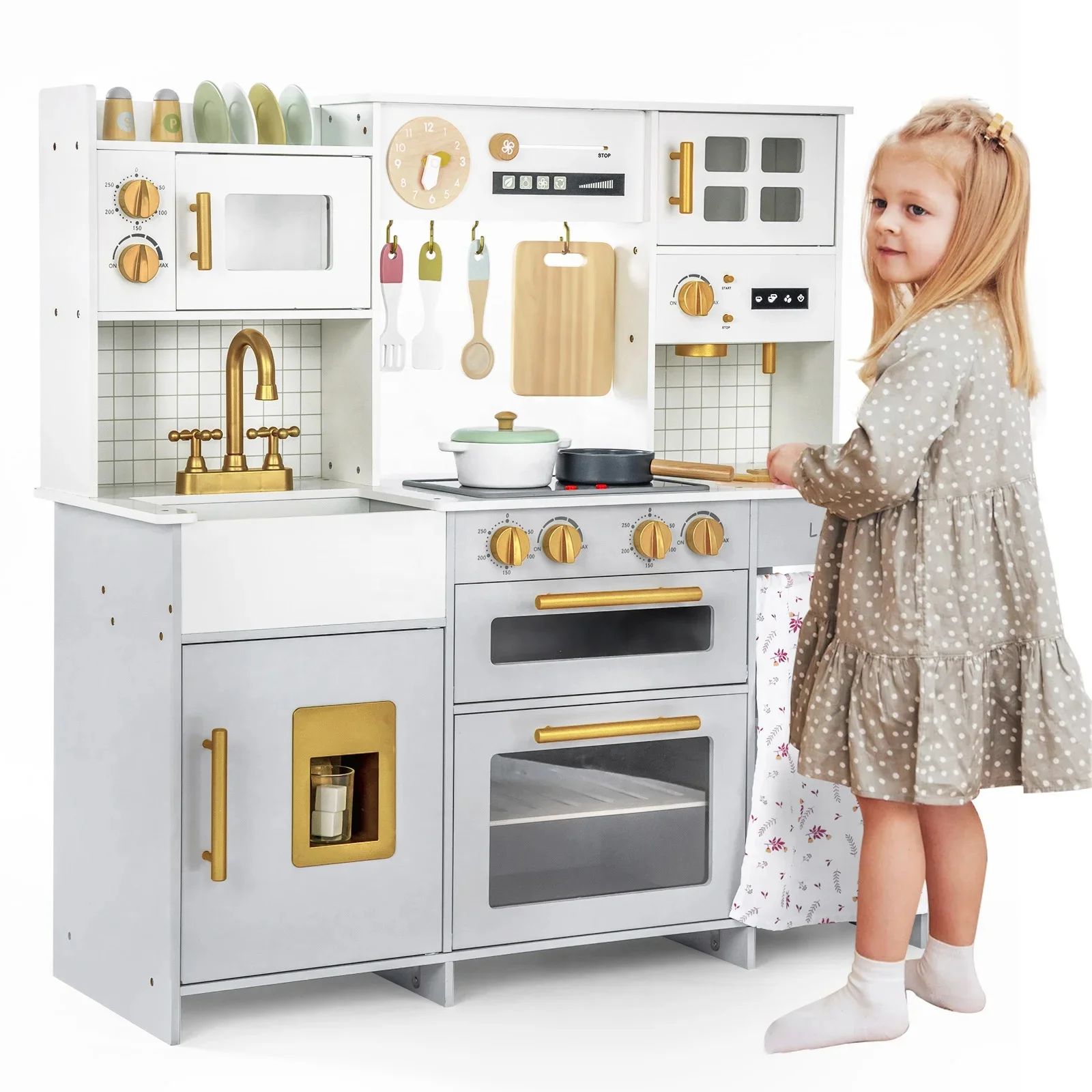 Wooden Play Kitchen, Kids Toy Kitchen Cooking Set, Kids Play Kitchen Pretend Play Set For Boys and Girls