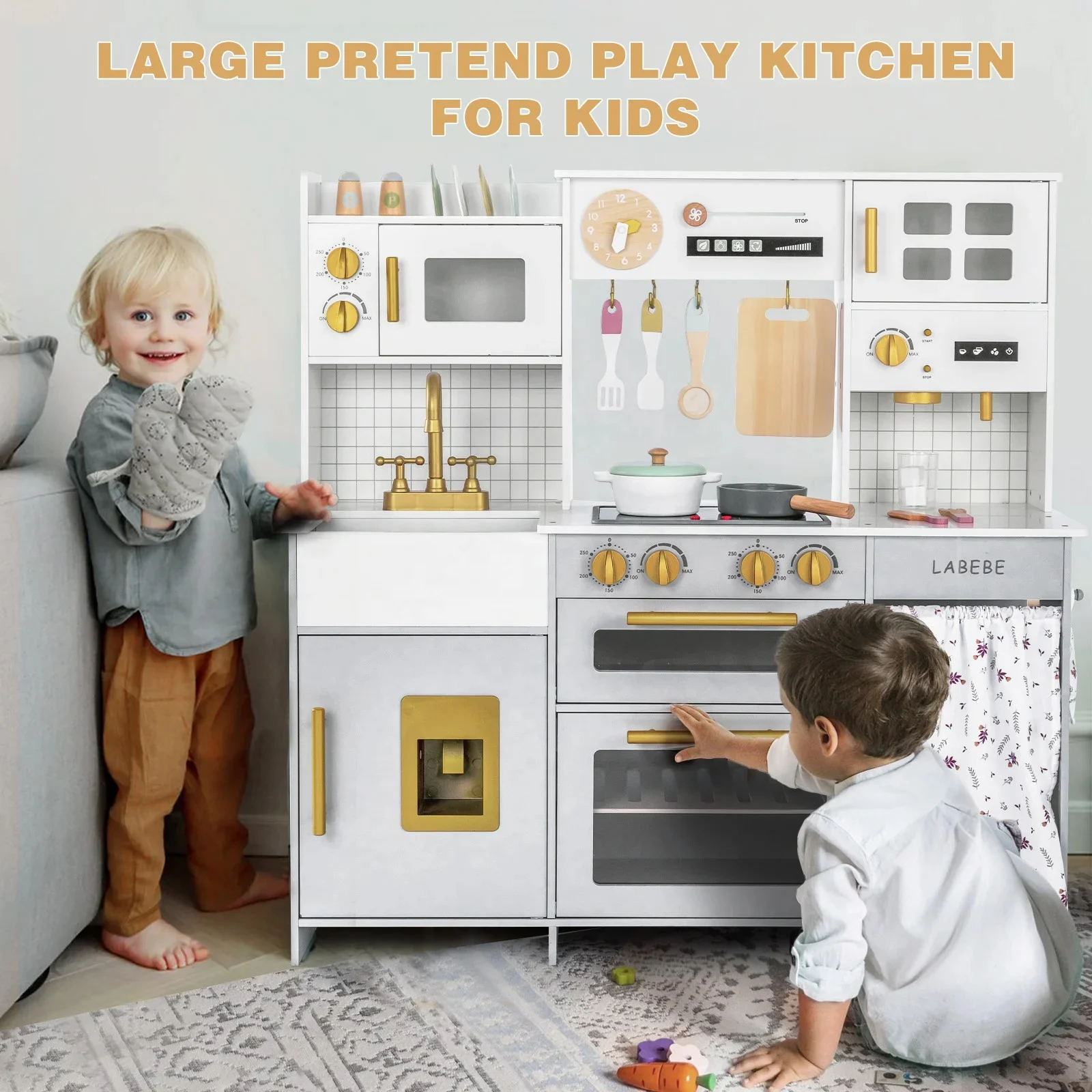Wooden Play Kitchen, Kids Toy Kitchen Cooking Set, Kids Play Kitchen Pretend Play Set For Boys and Girls