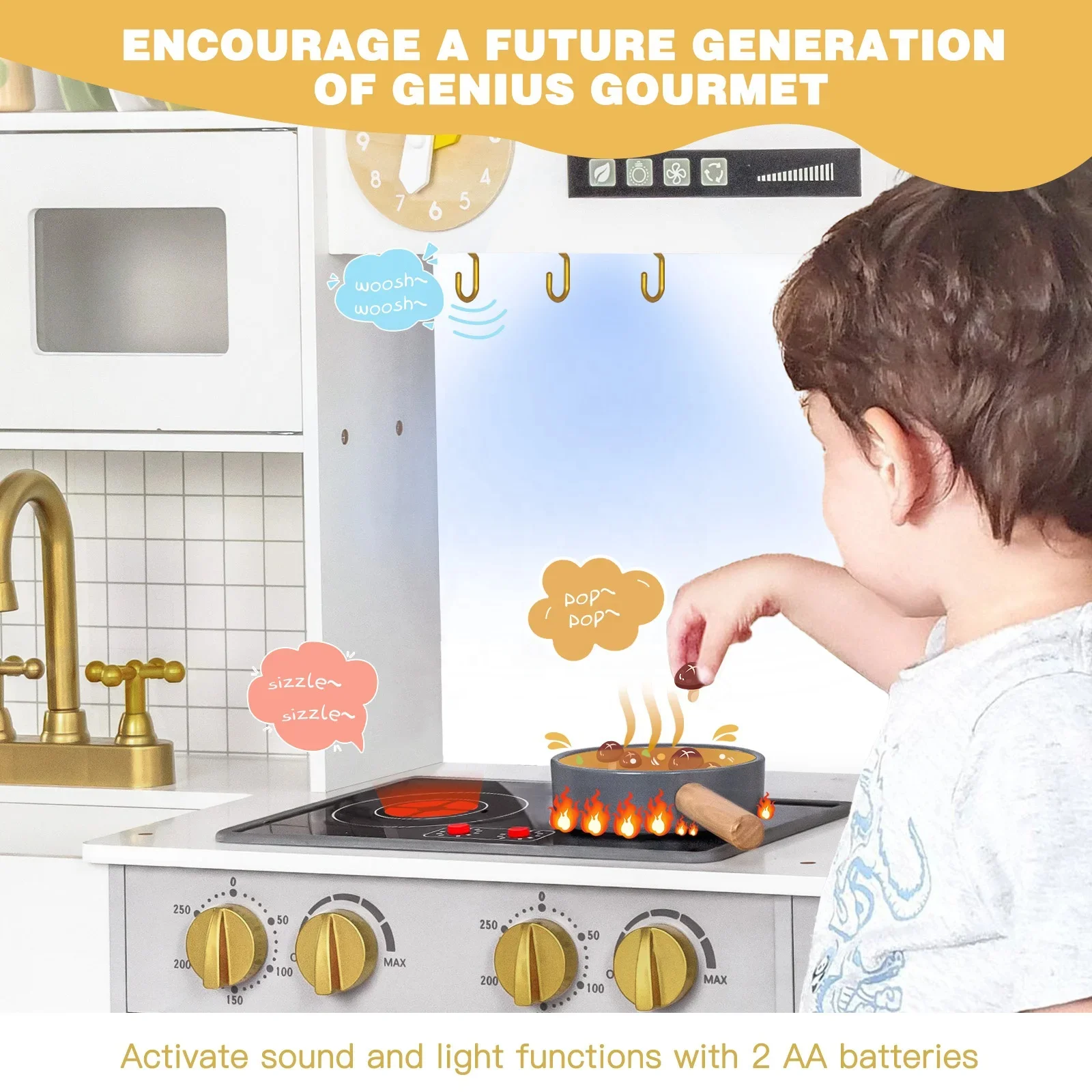 Wooden Play Kitchen, Kids Toy Kitchen Cooking Set, Kids Play Kitchen Pretend Play Set For Boys and Girls