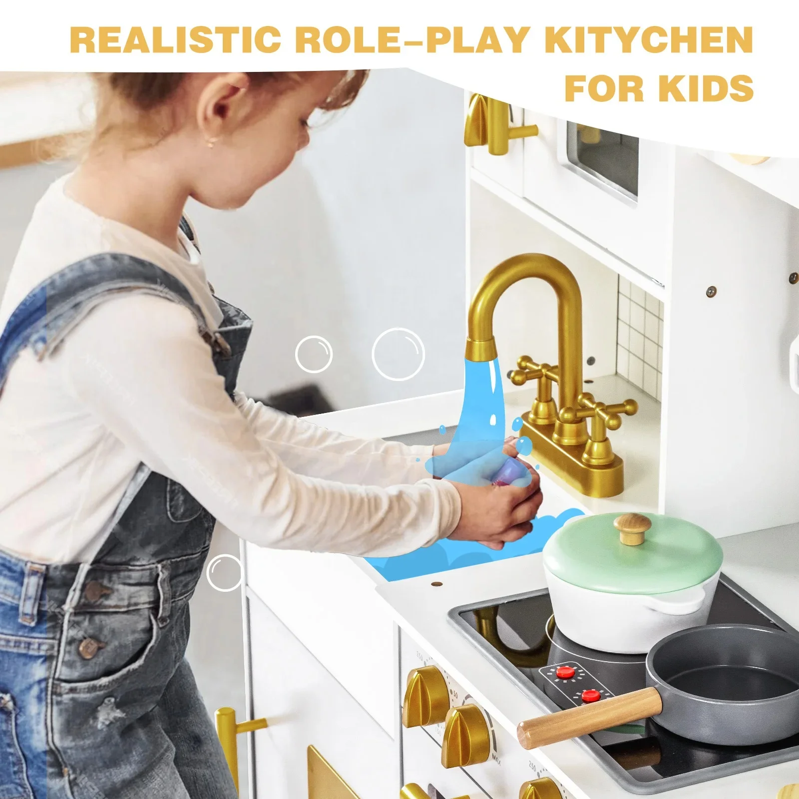Wooden Play Kitchen, Kids Toy Kitchen Cooking Set, Kids Play Kitchen Pretend Play Set For Boys and Girls