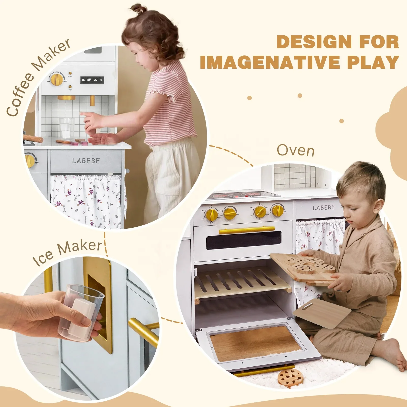 Wooden Play Kitchen, Kids Toy Kitchen Cooking Set, Kids Play Kitchen Pretend Play Set For Boys and Girls